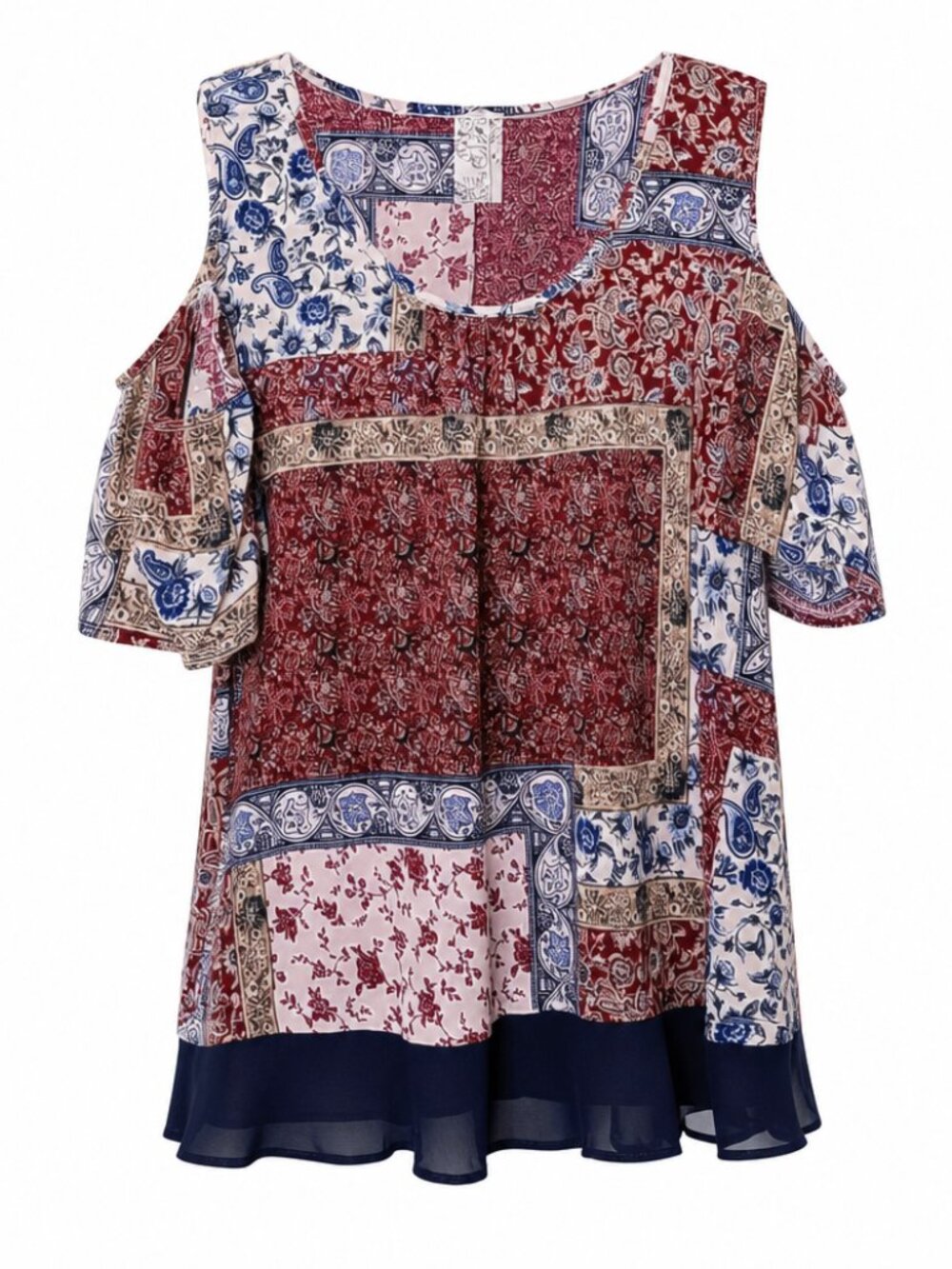 Naif Patchwork Boho Hippie Cold Shoulder  Faux Layer Top Large